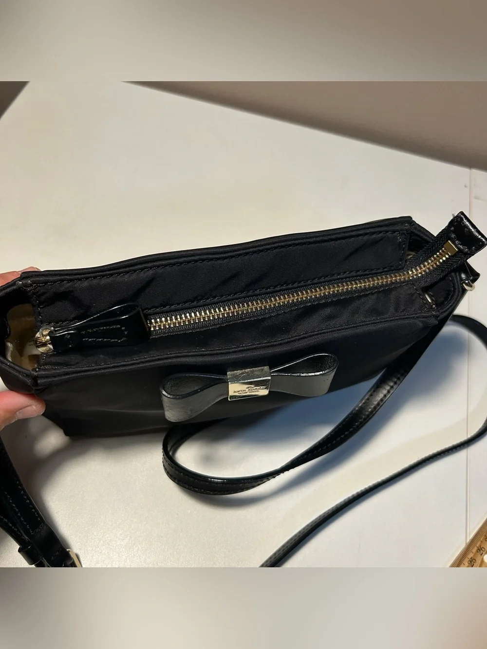 Kate Spade Black Nylon Crossbody Shoulder Bag Bow Detail Classic Leather Strap